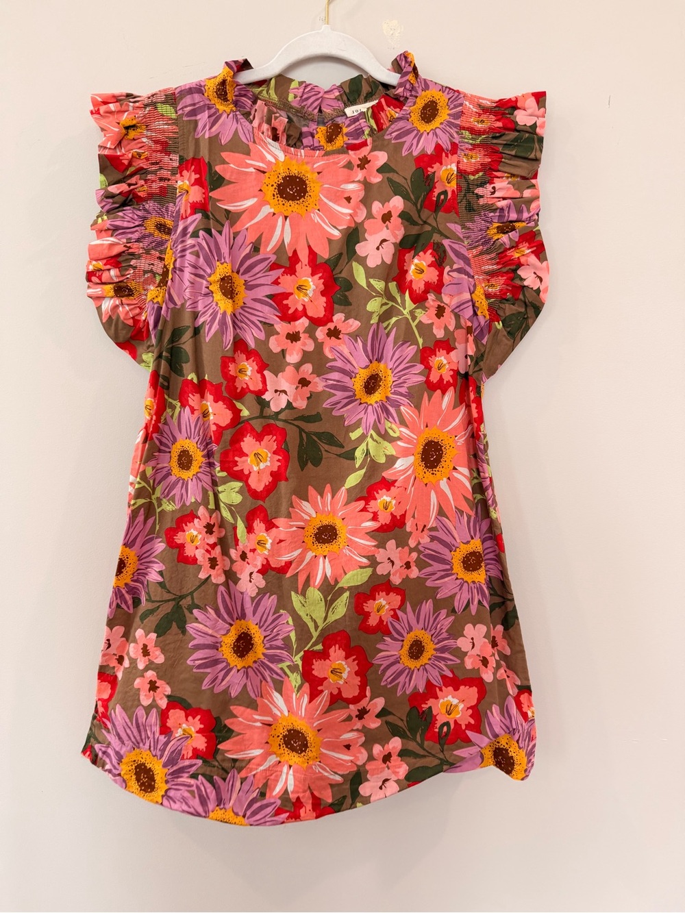 JODIFL Brown Floral Ruffle Sleeve Tunic - Pink Purple Orange